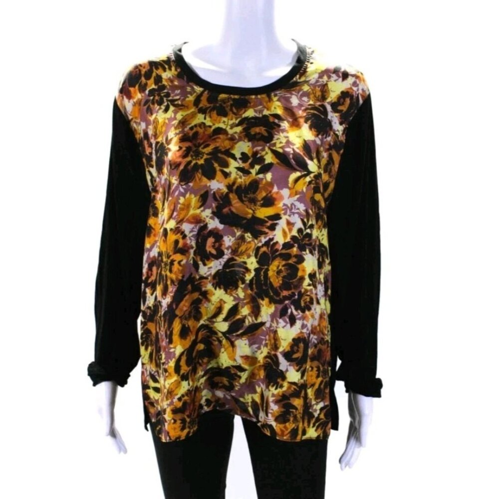 Kobi Halperin Floral Front Print Black Back LS Top XL Mixed Fabric